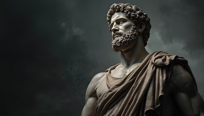 Obraz premium Marble sculpture of a muscular Greek man with beard and curly hair. He wears a toga and looks intensely to the side. Dramatic lighting on a dark cloudy background.