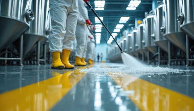 Workers in protective suits clean large industrial tanks, concrete floor with jet washer. Strict hygiene, sanitation protocols ensure safe production environment. Experts maintain cleanliness in