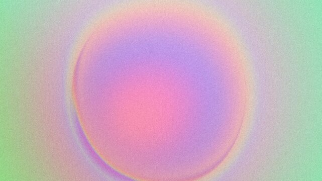 Grainy abstract iridescent background with fluid moving circle frame in center. Bubble shape on pastel rainbow gradient backdrop in light green, orange, yellow, pink, pale purple. Holographic texture
