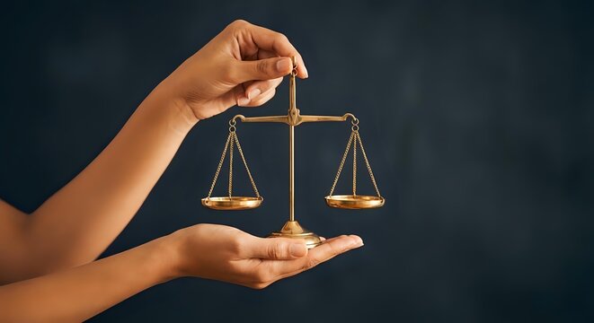 Human hands holding golden scales of justice symbol representing legal balance, law, fairness and judicial system for legal services and attorney concepts.