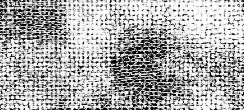 Snakeskin pattern imitation. Lines and spots structural texture. Cool and artsy faux leather background. Abstract vector illustration. Black isolated on white. EPS10