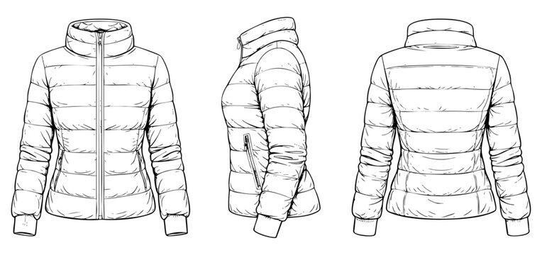 Women puffer jacket illustration set with front, side and back views mock-up