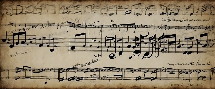 Partitura musical antigua con notas impresas sobre papel envejecido como fondo art&iacute;stico y cultural