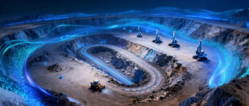 Futuristic Open-Pit Mining Site with Digital Light Trails and Autonomous Heavy Machinery for Advanced Resource Extraction