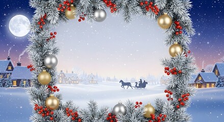 Christmas wreath frame over winter landscape with moon and sleigh