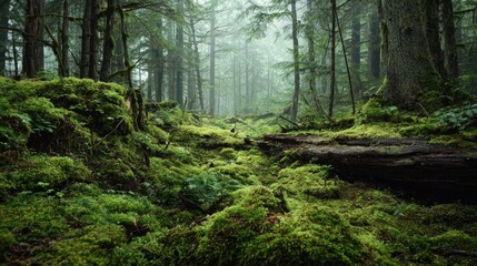 Obraz premium A serene and misty forest landscape with moss-covered trees and a carpet of greenery
