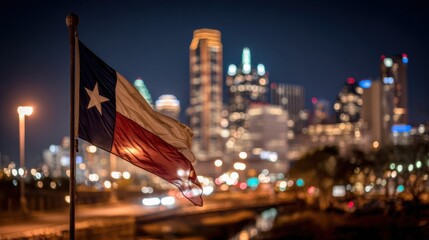 Obraz premium Texas flag waves at night with city lights shining in the background across the skyline