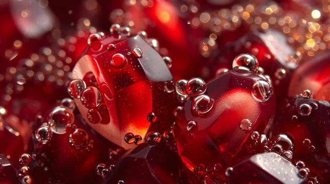 Ruby red pomegranate seed berry fruit close up macro sparkling glossy texture water droplets jewel tones vibrant refreshing luxurious abstract liquid