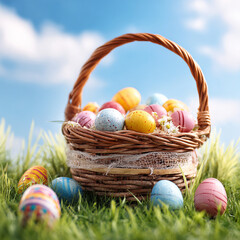 Easter Basket with Colorful Eggs on Grass