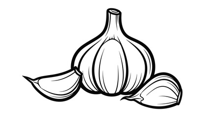 Bold black and white line art illustration of a whole garlic bulb with two separate cloves of garlic for kitchen cooking.