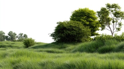 Obraz premium Serene Meadow Landscape: An expansive, vibrant meadow thrives under the open sky, its lush green grass gently swaying in the breeze, punctuated by the verdant embrace of scattered trees and bushes.