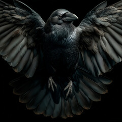 Obraz premium Black Raven with Spread Wings Isolated on Dark Background, Symbol of Mystery and Power
