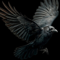Fototapeta premium Black Raven with Spread Wings Isolated on Dark Background, Symbol of Mystery and Power