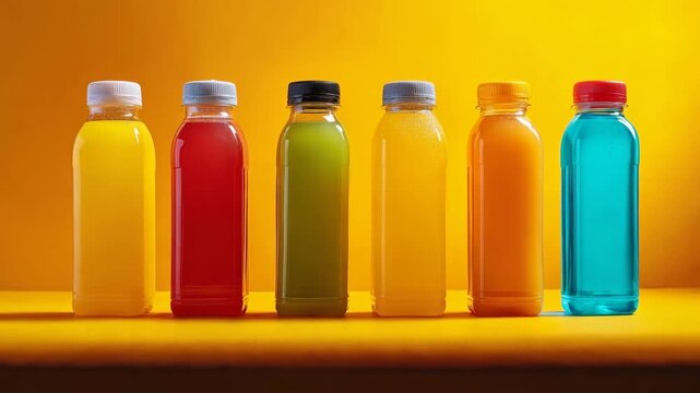 Colorful assortment of beverage bottles in various shades arranged in a row against a bright yellow background, showcasing vibrant packaging and distinct cap colors