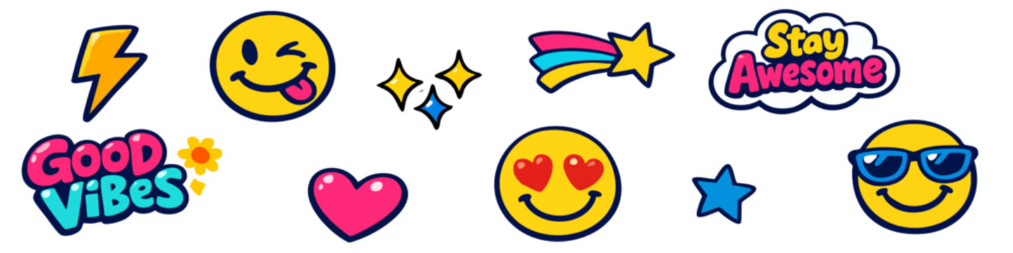 Vibrant set of colorful retro pop art stickers featuring smileys, hearts, and inspirational quotes like Good Vibes and Be Kind on a white background.
