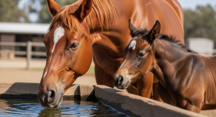 Adult horse and foal drinking water together at the trough  