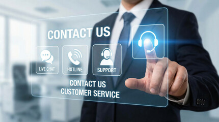 Contact customer service support help hotline live chat concept, businessperson in suit touching virtual interface with headset icon for online call center assistance and communication