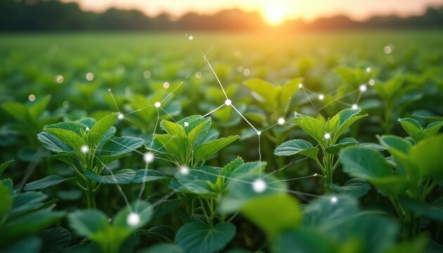Green soybean plants grow in field with glowing digital network overlay. This represents modern smart farm tech, precision agriculture concepts. Future farming data science, crop management ideas.