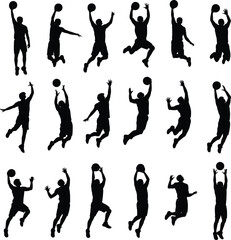 Basketball silhouettes illustration, players jumping, dunking, shooting ball, dynamic sports action, athletic movement, competitive game, fitness concept, team sport © Iqbal creative 