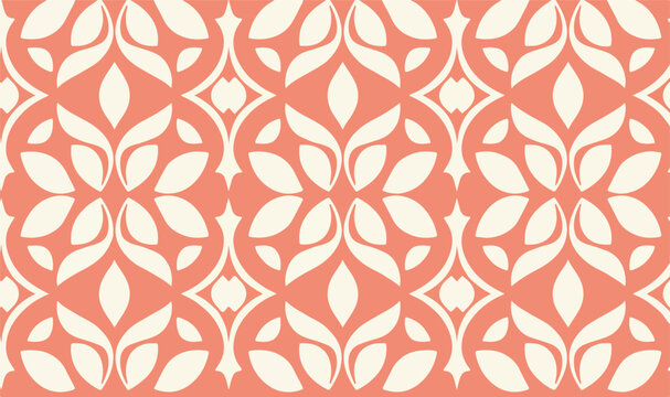 Vibrant Coral and White Geometric Pattern with Floral Motifs Design