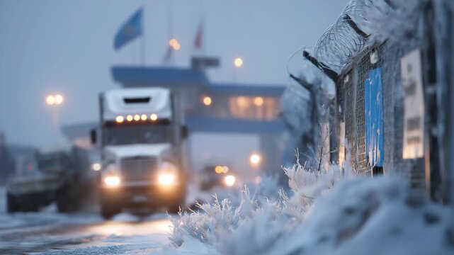 12Close-up winter scene of trucks waiting in line at a border crossing, headlights diffused by snow and fog, frost-coated surfaces catching soft light, layered depth with barriers, s