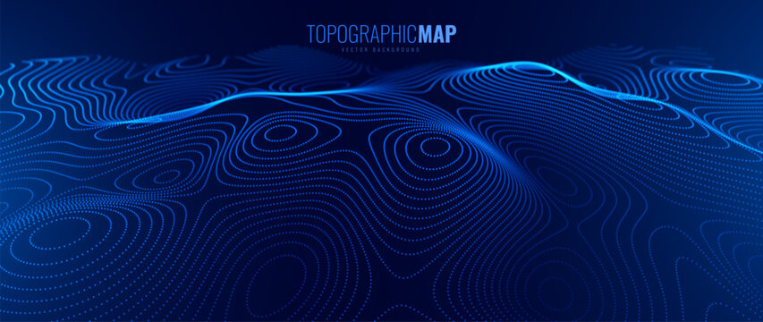 3D Sea Ocean Nautical Depth Topographic Topo Map Banner Background. Curvy Wavy Lines Vector Illustration. Hills, Rivers and Mountains. Geography Concept.