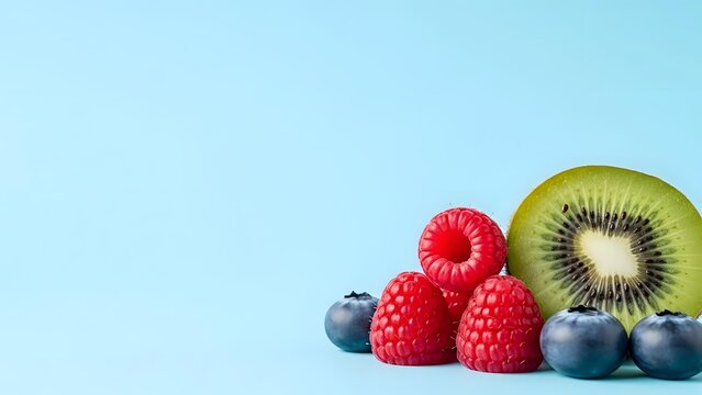 Fresh mixed berries and kiwi slice on light blue background with copy space for healthy eating and nutrition concepts.
