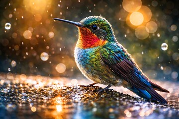 Fototapeta premium A vibrant hummingbird with a red throat and green body stands on a wet surface with sparkling bokeh lights in the background.