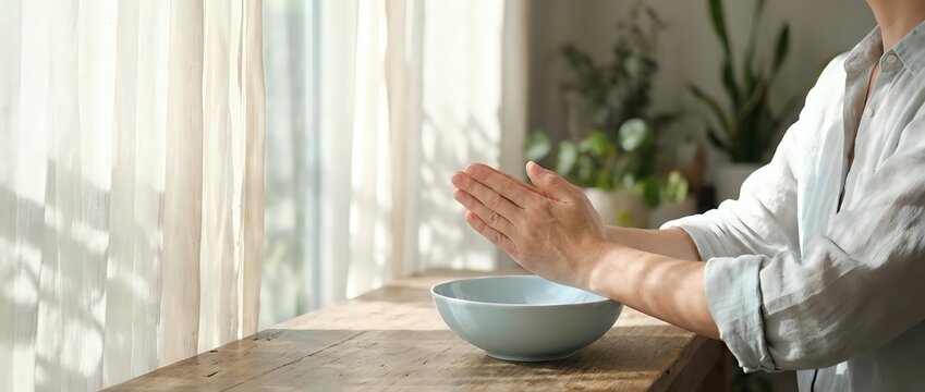 Woman in white robe practicing meditation with hands in prayer position beside ceramic bowl in sunlit room with plants creating peaceful wellness atmosphere.