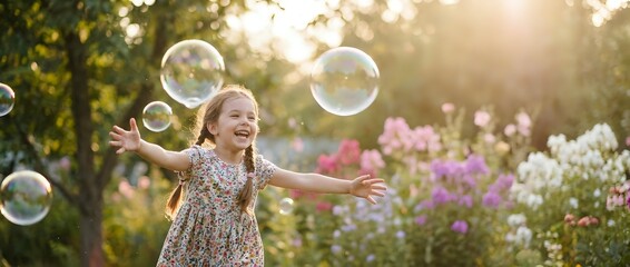 Fototapeta premium Happy young Caucasian girl in floral dress playing with soap bubbles in sunny garden during golden hour summer evening outdoors with colorful flowers.