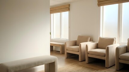 Fototapeta premium Modern minimalist waiting room with beige armchairs and natural light from large windows creating calm professional atmosphere for healthcare or office space.