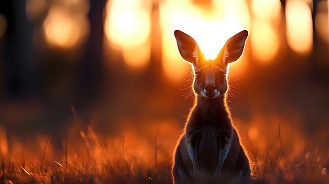 Young kangaroo joey sitting in golden grass field during warm sunset with soft bokeh lights creating magical wildlife scene for nature photography.