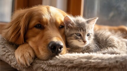 Fototapeta premium a golden retriever puppy is lying on the cat's pet bed, holding its head and hugging it with its paws. the kitten lies in front of it 
