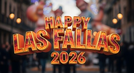 Happy las fallas 2026 celebration greeting card with fire text style