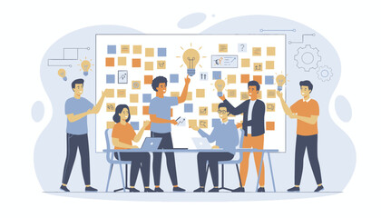Teamwork Office Vector Illustration with Business People Collaboration. Modern teamwork office vector illustration showing a group of business people collaborating in a professional workplace.