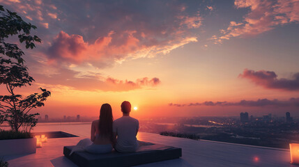 Romantic Young Couple Watching Sunset from Luxury Rooftop Terrace with Infinity Pool