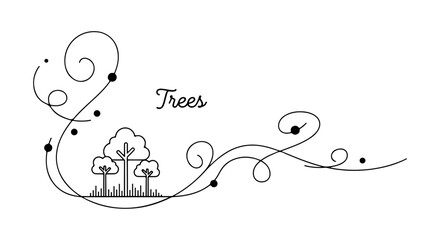 Decorative illustration of trees with swirling lines and dots, a simple yet elegant design representing nature and growth