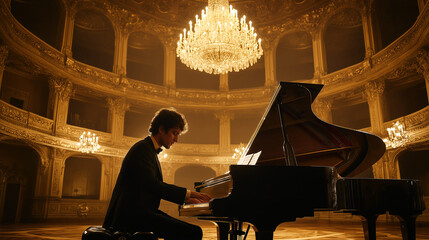 Professional Male Pianist playing Grand Piano in Classic Concert Hall with Golden Chandelier