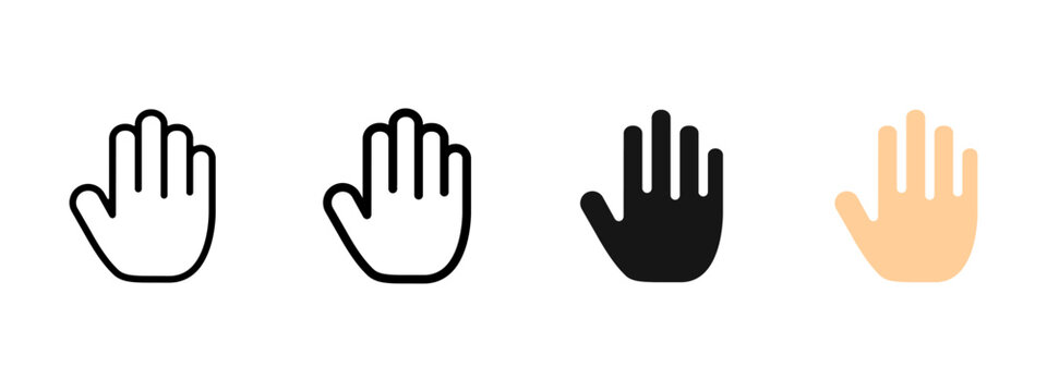 Open hand and palm icon showing a stop gesture. Symbol of warning, control and attention. Ideal for safety signs, user interface elements, gesture control and interaction or blocking actions.