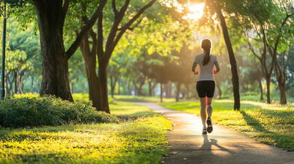 Young Woman Jogging in Public Park with Golden Morning Light Streaming through Green Trees