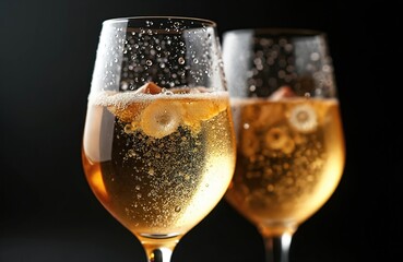 Fototapeta premium Two chilled glasses of white wine with condensation and bubbles sit on a dark surface. Ice cubes float within the beverage as it is ready to be enjoyed.