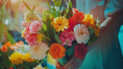 Close-up of Woman Hands Holding Vibrant Bouquet of Colorful Spring Flowers in Bloom