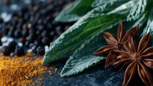 111Close-up culinary flat lay of fresh herbs and spices, crisp greens contrasted with dark star anise and peppercorns, cayenne powder adding visual warmth, clean arrangement with tact