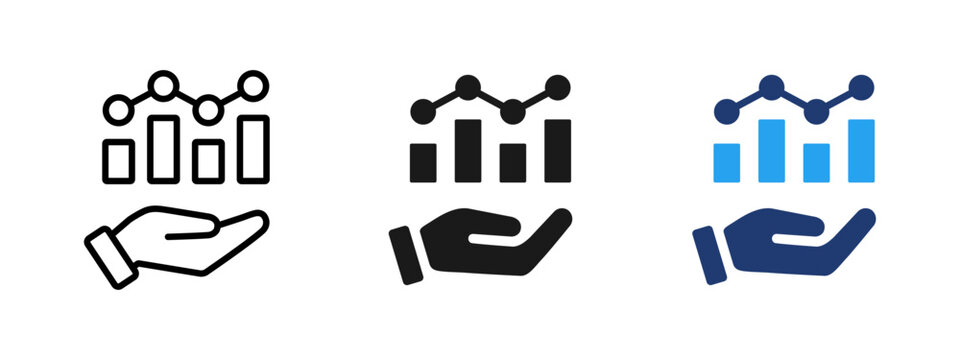Analytics and statistics icon with chart held by hand. Symbol of data analysis, performance control and business growth support. Ideal for dashboards, reports, financial analytics, management tools.