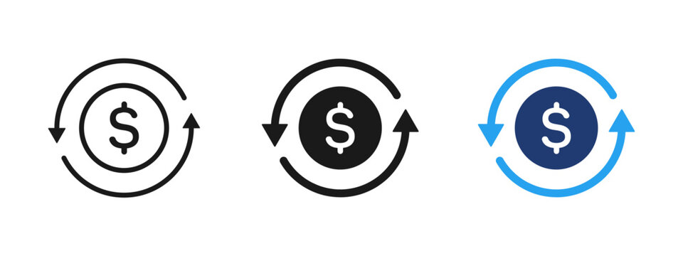 Money and finance icon with dollar symbol and circular arrows. Symbol of cash flow, financial circulation, transactions and revenue cycle. Ideal for banking, payments, investments, accounting systems