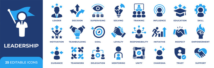 Obraz na płótnie Canvas Leadership icon set with 25 vector icons. Management, motivation, teamwork, delegation, training, mentoring, trust and influence symbols for HR, corporate leadership, business UI, web and app design.