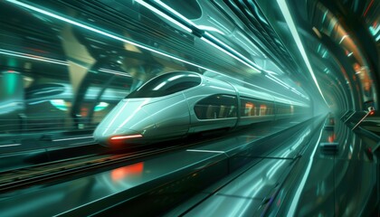 Fototapeta premium Futuristic high-speed train traveling through a sleek, illuminated tunnel showcasing advanced transportation technology