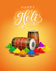 Happy Holi Festival Poster | Group Dance, Dhol Music and Colorful Powder