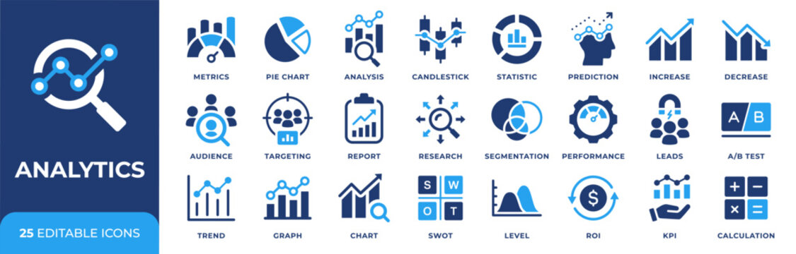 Analytics icon set with 25 vector icons. Data analysis, metrics, KPI, ROI, segmentation, A/B testing, charts, reports and performance symbols for marketing analytics, dashboards, web and app design.