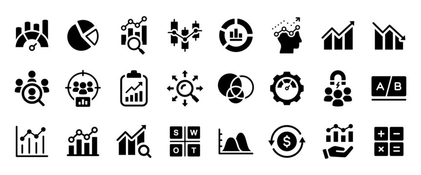 Analytics icon set with 25 solid icons. Data analysis, metrics, KPI, ROI, segmentation, A/B testing, charts, reports and performance black icons for marketing analytics, dashboards, web and app design